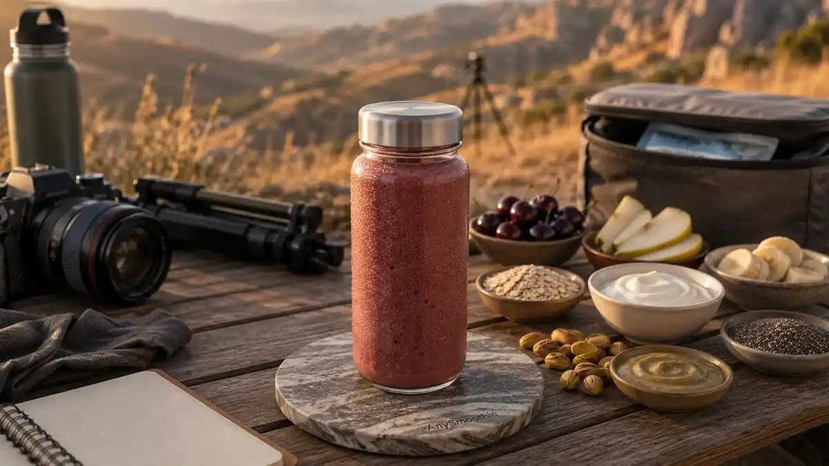 Portable dark cherry pear smoothie with oats, skyr, pistachio butter and chia at a golden-hour photography location, illustrating on location smoothies for photographers.