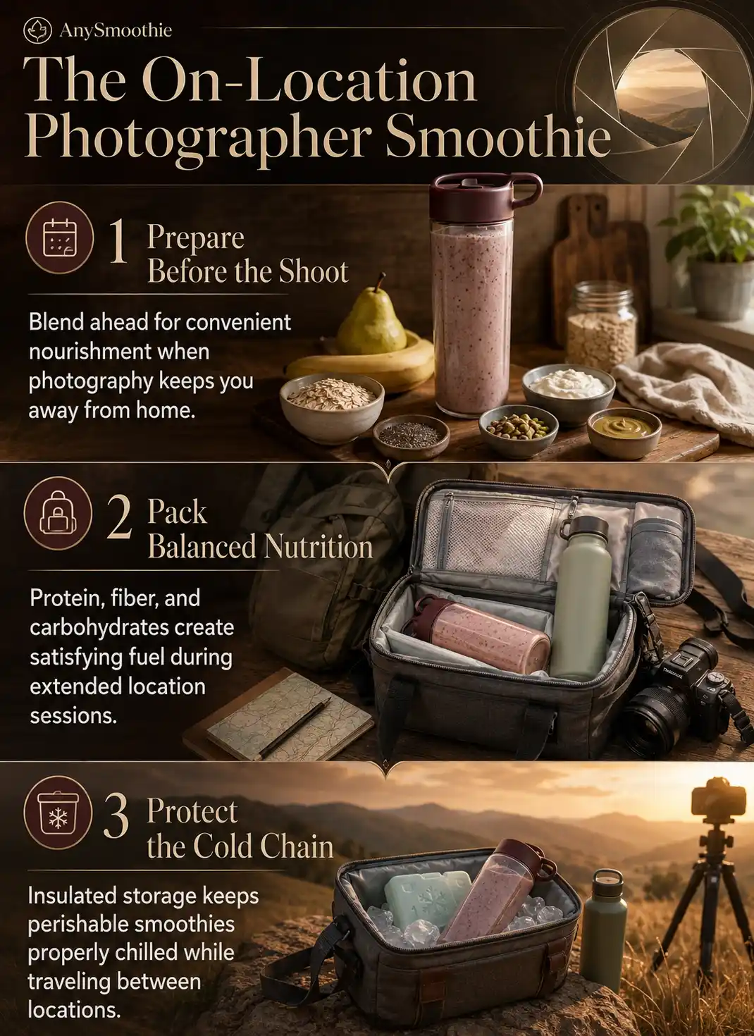 Infographic about on location smoothies for photographers, covering make-ahead preparation, balanced portable nutrition, hydration, and safe cold storage during outdoor photography sessions.