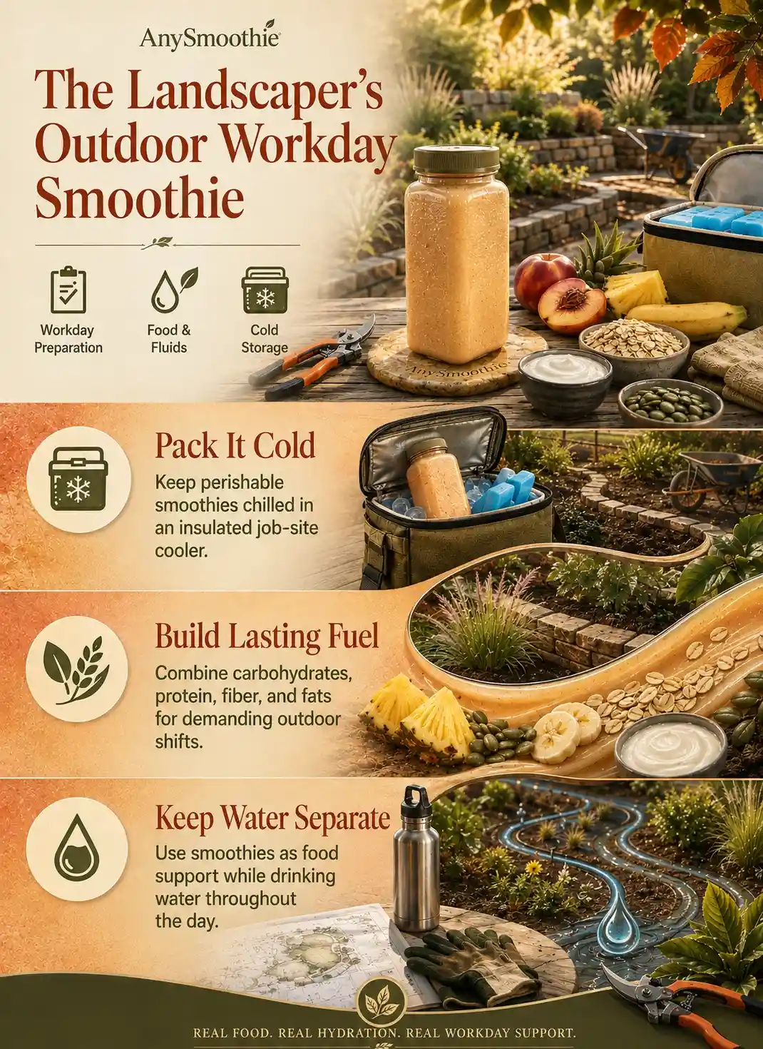 Outdoor workday smoothies for landscapers infographic covering cold storage, balanced nourishment, hydration, and practical preparation for physically active landscaping shifts.