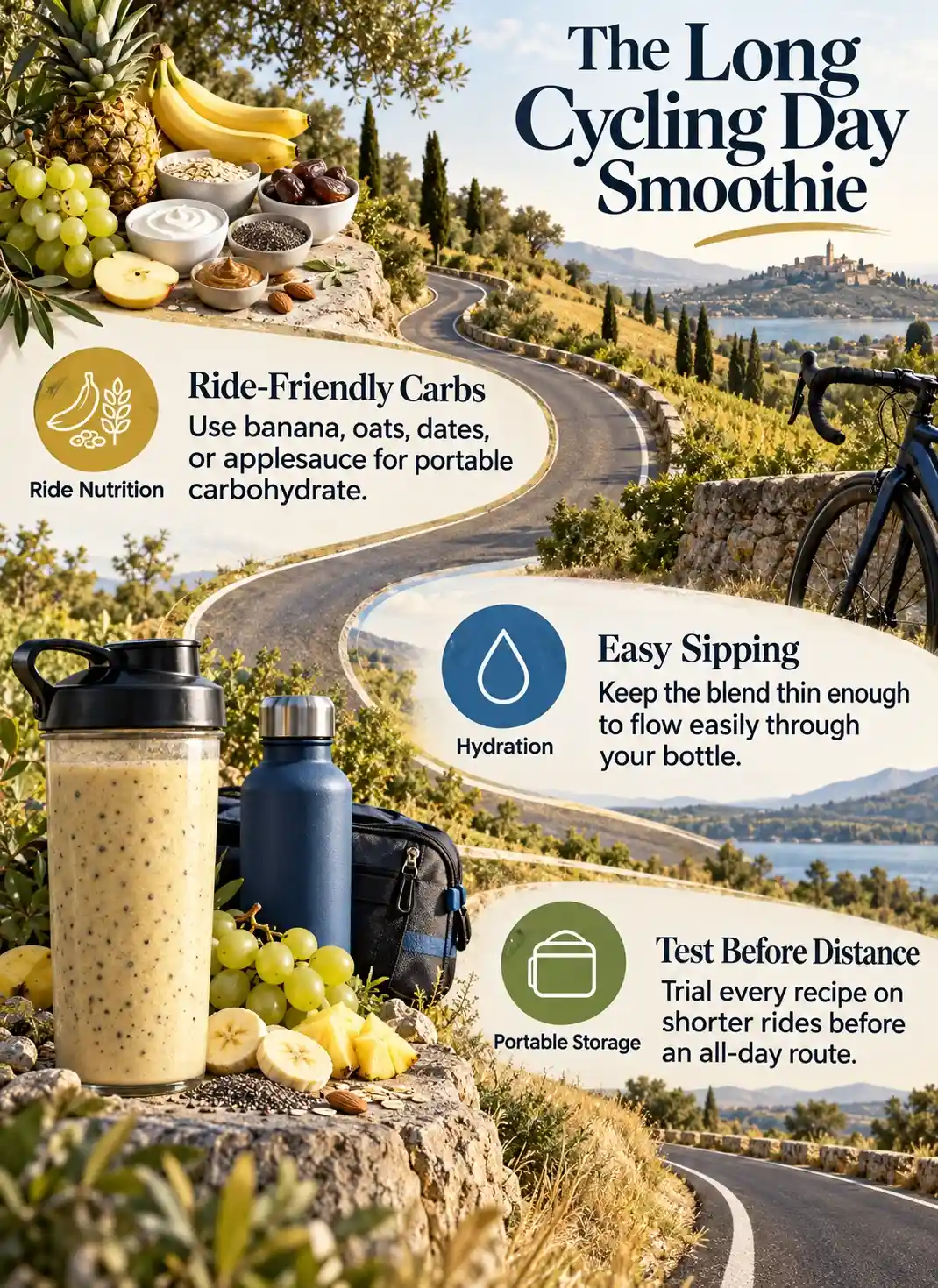 Portable smoothies for long cycling days infographic featuring pineapple, banana, white grapes, oats, skyr, almond butter, and chia seeds.