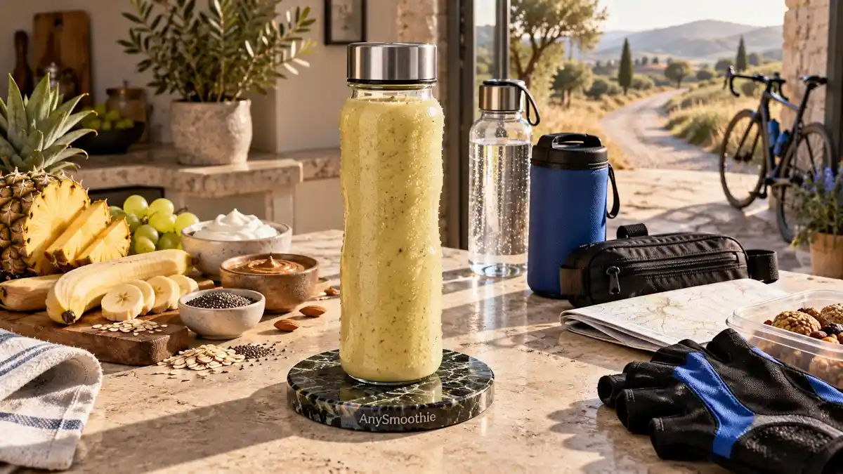 Portable pineapple, banana, white grape, oat, skyr, almond butter, and chia smoothie for portable smoothies for long cycling days.