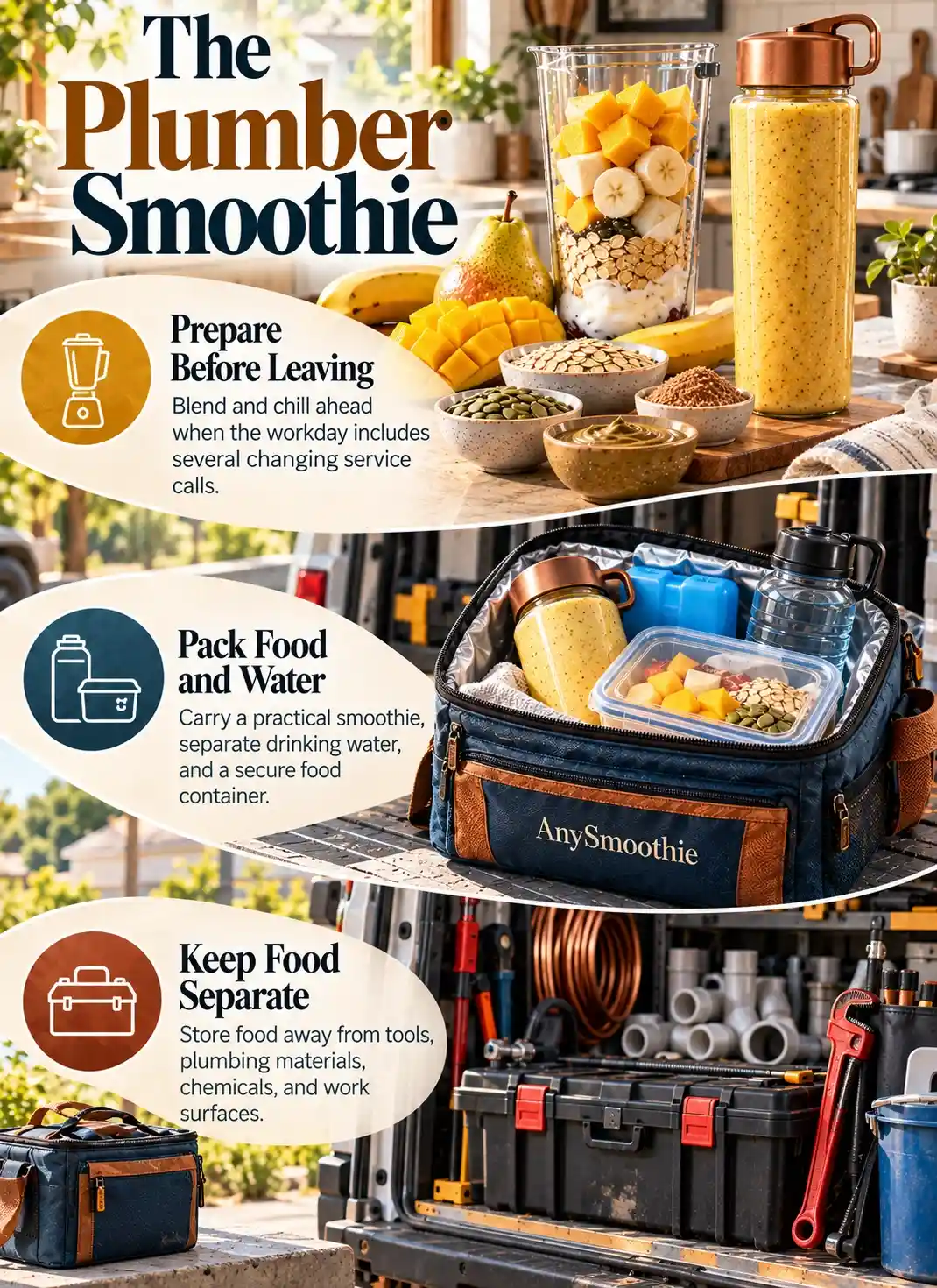 Portable smoothies for plumbers infographic showing smoothie preparation, chilled food and water packing, and safe separation from plumbing tools and materials.