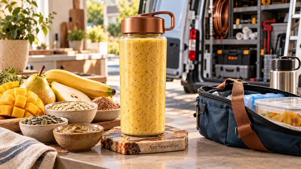 Portable smoothies for plumbers featuring a creamy mango, yellow pear, banana, oat, Greek yogurt, pumpkin seed butter, and flaxseed smoothie prepared for between-job breaks.