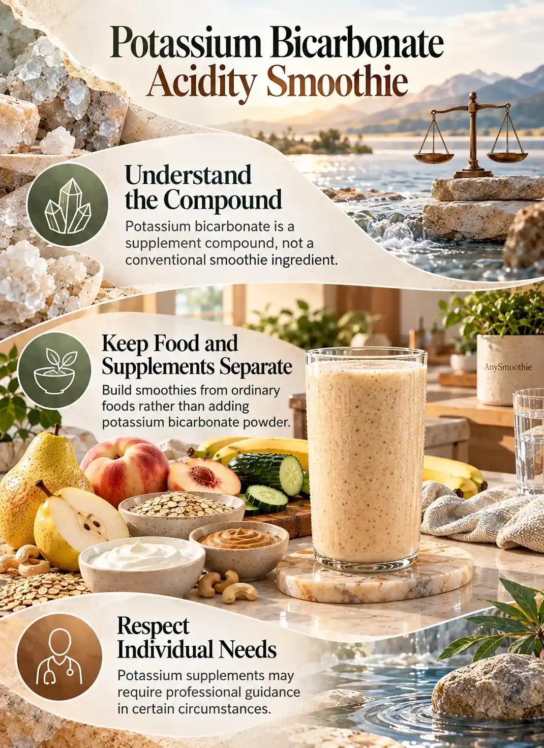 Potassium bicarbonate smoothies for acidity balance infographic explaining the distinction between food-based potassium, potassium bicarbonate supplements, and the body's acid-base physiology.