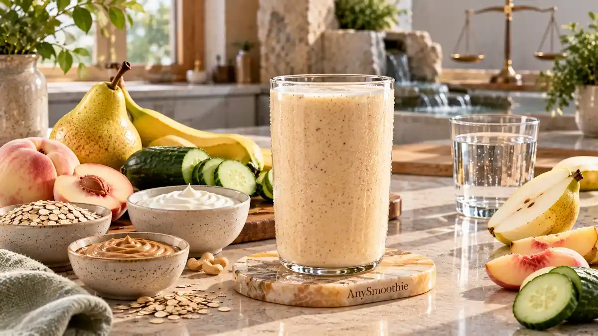 Potassium bicarbonate smoothies for acidity balance featuring a creamy yellow pear, white peach, banana, cucumber, oats, skyr, and cashew butter smoothie with water in a contemporary kitchen.