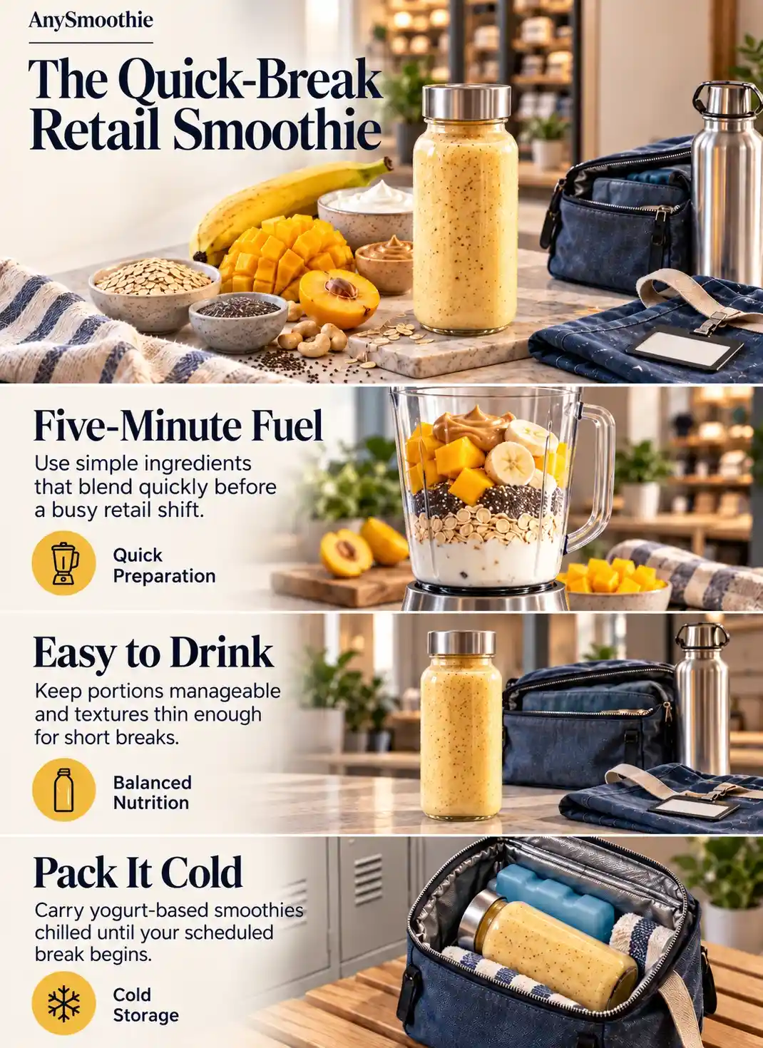 Infographic about quick break smoothies for retail workers featuring a portable mango, yellow plum, banana, oat, skyr, cashew butter, and chia smoothie.