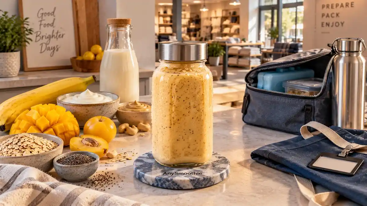 Portable mango, yellow plum, banana, oat, skyr, cashew butter, and chia smoothie for quick break smoothies for retail workers.