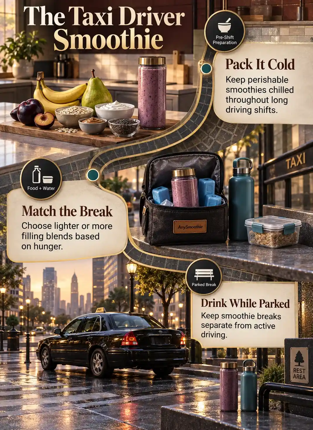Smoothies for taxi drivers infographic featuring black plum, banana, pear, oats, skyr, almond butter, and chia seed smoothie planning.