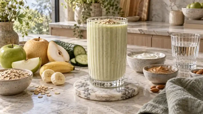 Silica rich smoothies for collagen support featuring a creamy green apple, Asian pear, cucumber, banana, oat, skyr, and almond butter smoothie in an elegant glass on an AnySmoothie coaster in a bright modern kitchen