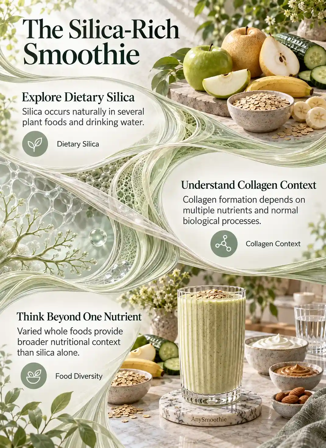 Infographic for silica rich smoothies for collagen support featuring green apple, pear, cucumber, oats, a pale opaline-sage smoothie, and editorial sections about dietary silica, collagen context, and food diversity.
