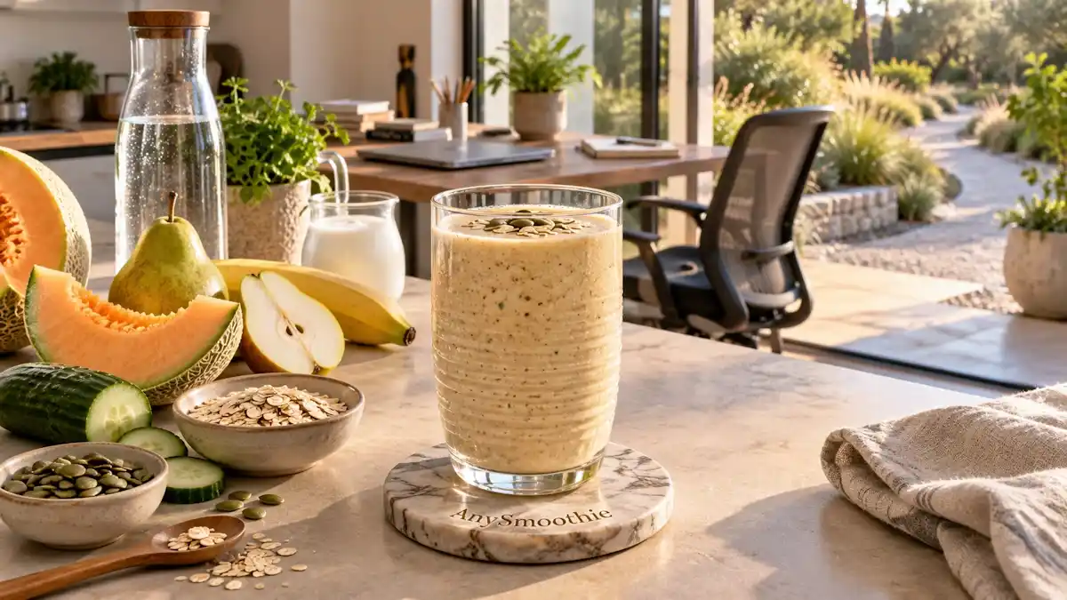 Cantaloupe, pear, banana, cucumber, oat, kefir, and pumpkin seed smoothie after a long period of sitting.