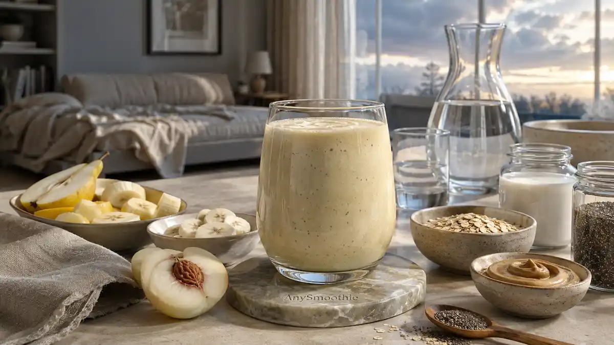 Creamy pear, white nectarine, banana, oat, kefir, cashew butter, and chia smoothie for smoothies after a sleepless night.