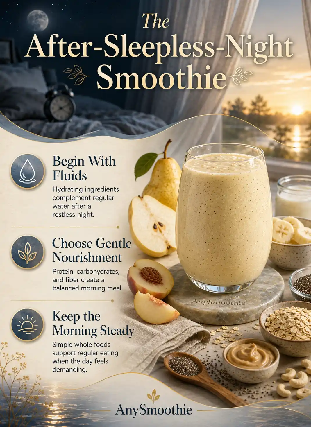Infographic showing a balanced pear, banana, nectarine, oat, kefir, cashew, and chia smoothie for smoothies after a sleepless night.