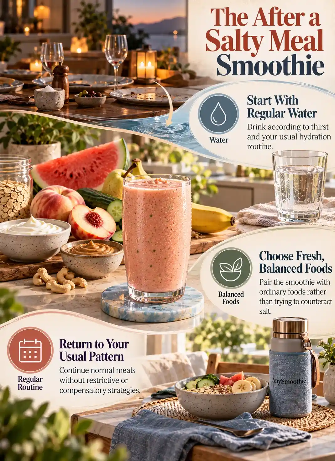 Smoothies after a very salty meal infographic showing regular water, fresh balanced foods, and a return to normal eating patterns with a watermelon, white peach, cucumber, banana, oats, skyr, and cashew butter smoothie.