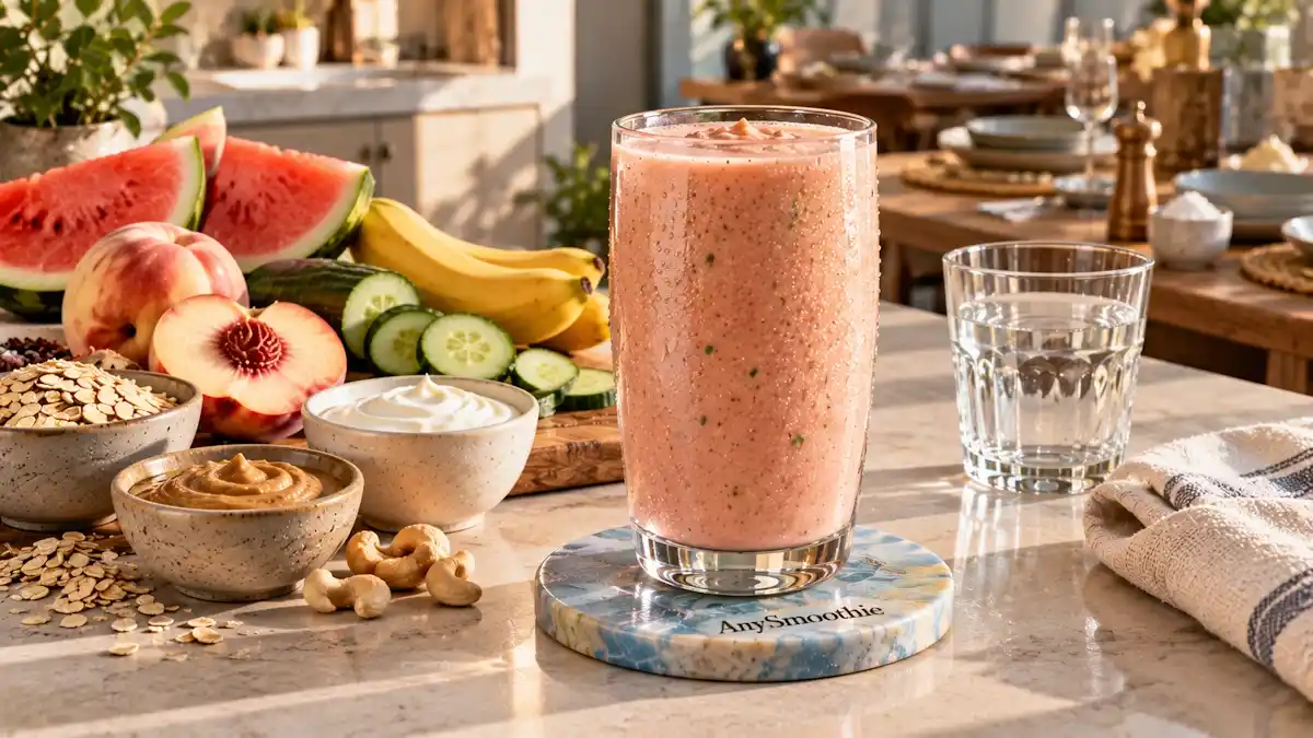 Smoothies after a very salty meal featuring a creamy watermelon, white peach, cucumber, banana, oats, skyr, and cashew butter smoothie with a glass of water in a bright contemporary kitchen.