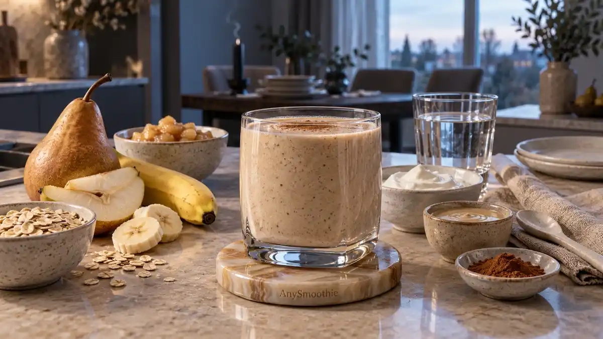 Bosc pear, banana, cooked apple, oat, skyr, tahini, and cinnamon smoothie for smoothies after an extra late dinner.