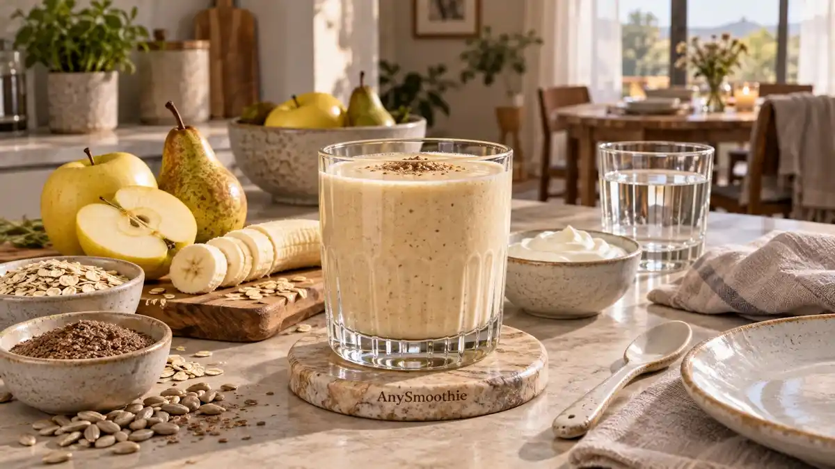 Creamy pear, yellow apple, banana, oat, skyr, sunflower seed butter, and flaxseed smoothie in a clear glass on an engraved AnySmoothie coaster, styled in a calm kitchen with water and simple breakfast items.
