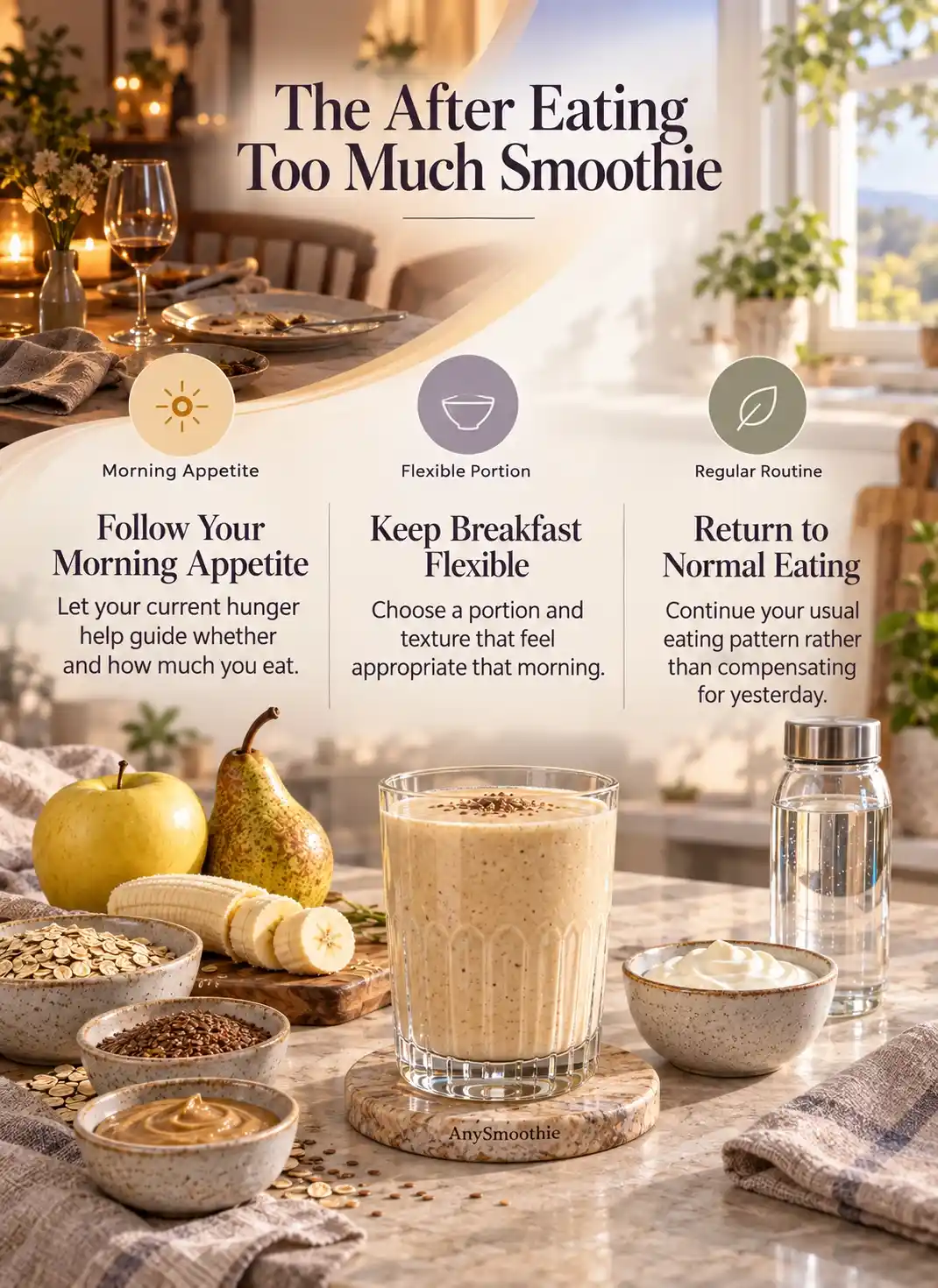 Infographic for smoothies after eating too much the day before, showing a gentle morning smoothie with apple, pear, banana, oats, skyr, sunflower seed butter, flaxseed, and water in a calm kitchen setting.