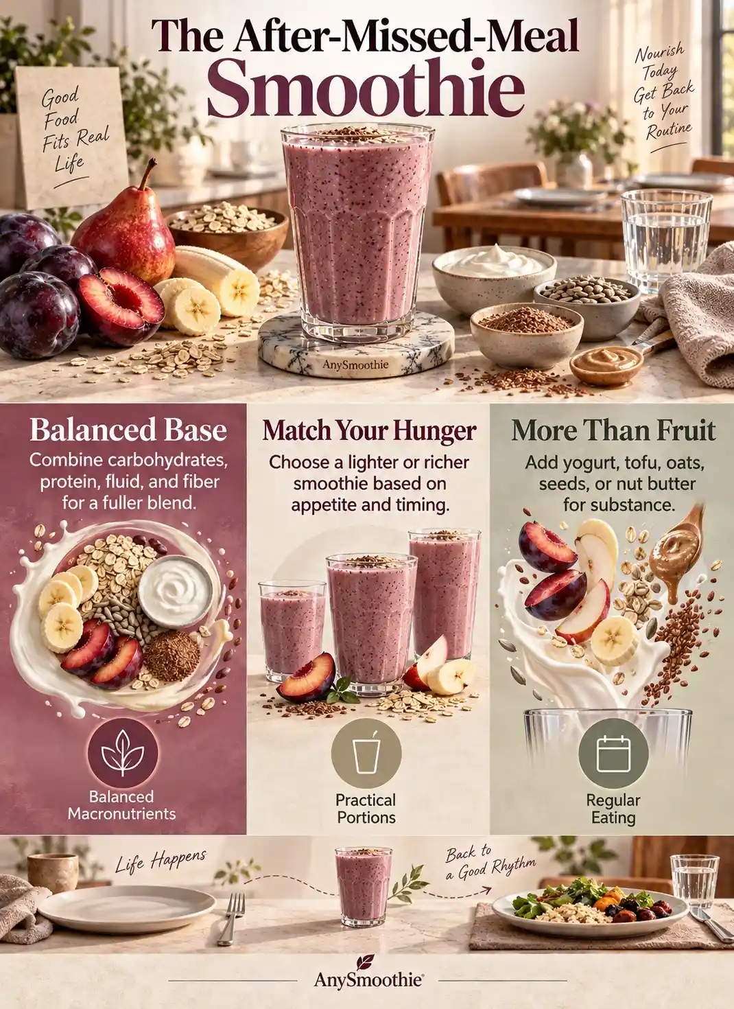 Smoothies after missing a meal infographic featuring plum, red pear, banana, oats, Greek yogurt, sunflower seed butter, and flaxseed.