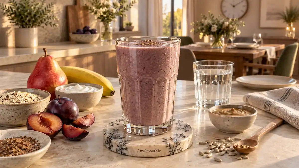 Plum, red pear, banana, oat, Greek yogurt, sunflower seed butter, and flaxseed smoothie for smoothies after missing a meal.