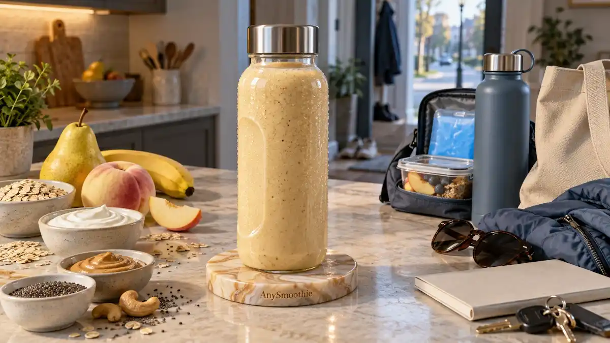 Yellow pear, banana, white peach, oat, skyr, cashew butter, and chia seed smoothie for smoothies before a long day away from home.