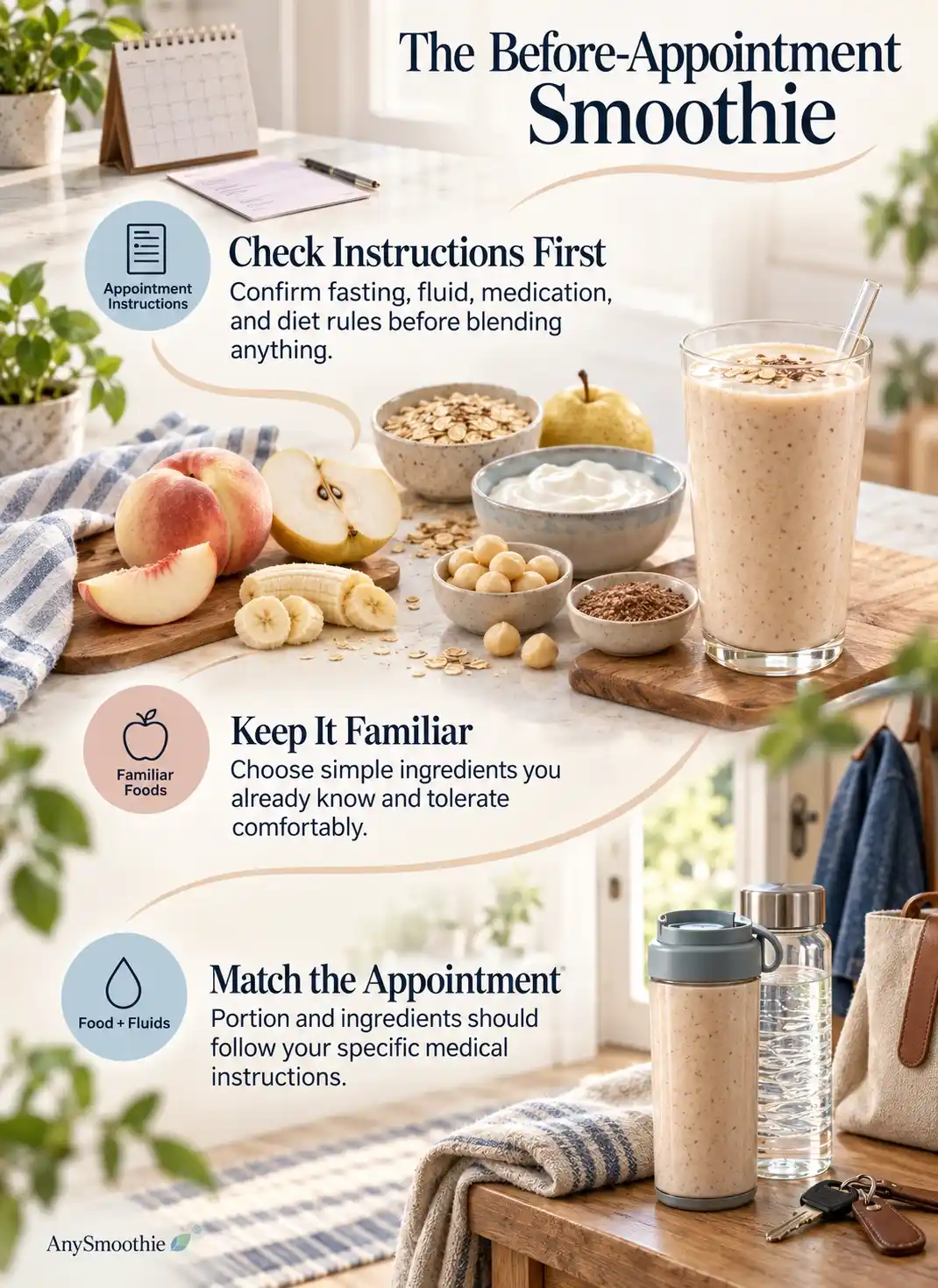 Smoothies before a long medical appointment infographic featuring white peach, Asian pear, banana, oats, skyr, macadamia butter, and flaxseed.