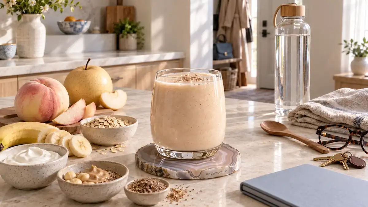 White peach, Asian pear, banana, oats, skyr, macadamia butter, and flaxseed smoothie for smoothies before a long medical appointment.