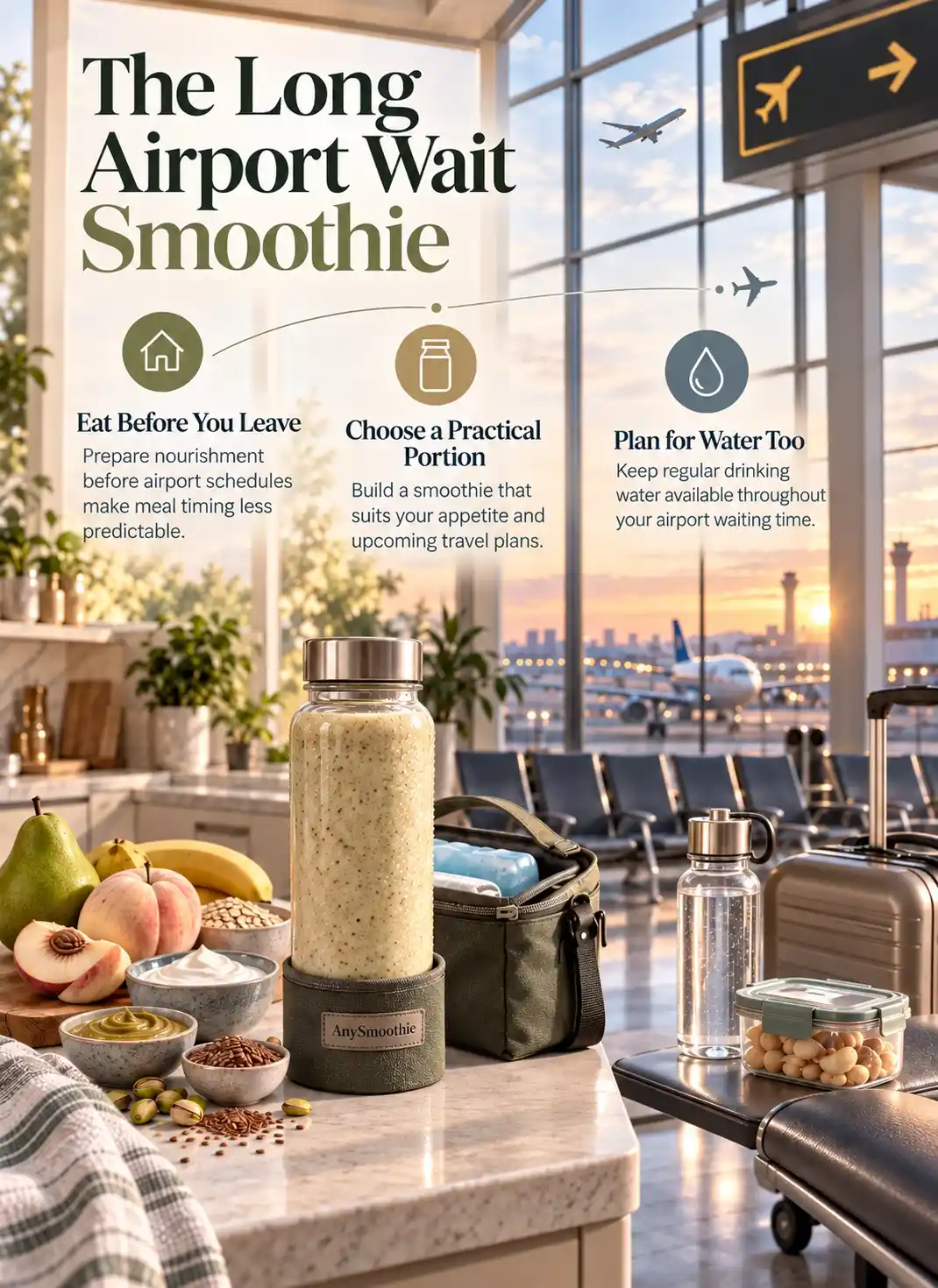 Infographic about smoothies before a long wait at the airport, showing practical pre-travel smoothie planning, balanced portions, and water access in a calm airport setting.