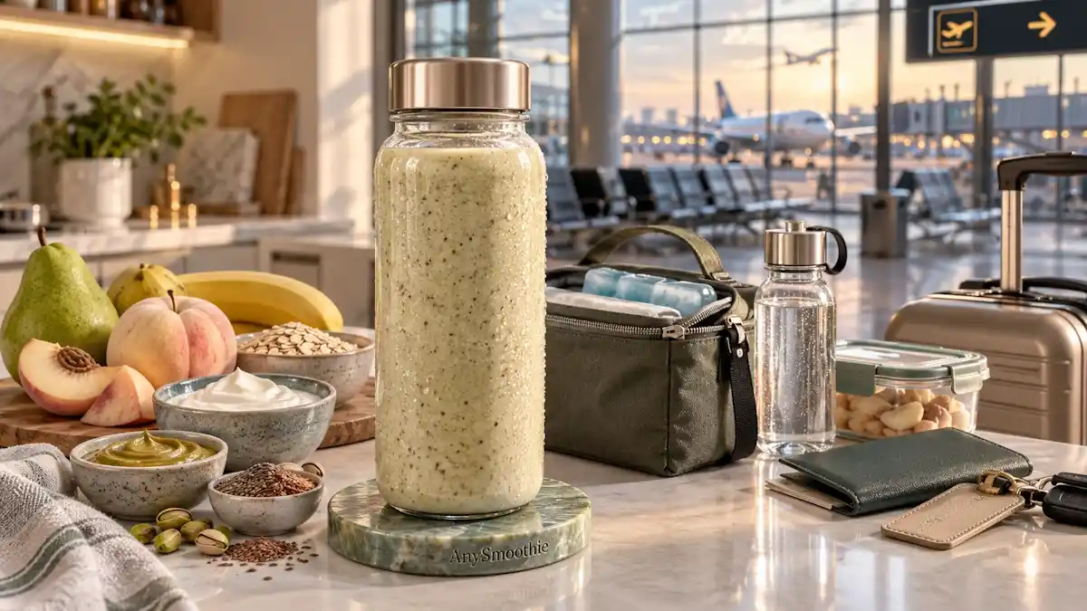 White peach, green pear, banana, oats, skyr, pistachio butter, and flaxseed smoothie for smoothies before a long wait at the airport.