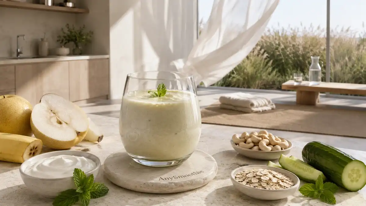 Asian pear, banana, cucumber, mint, and coconut yogurt smoothie for smoothies before breathwork practice