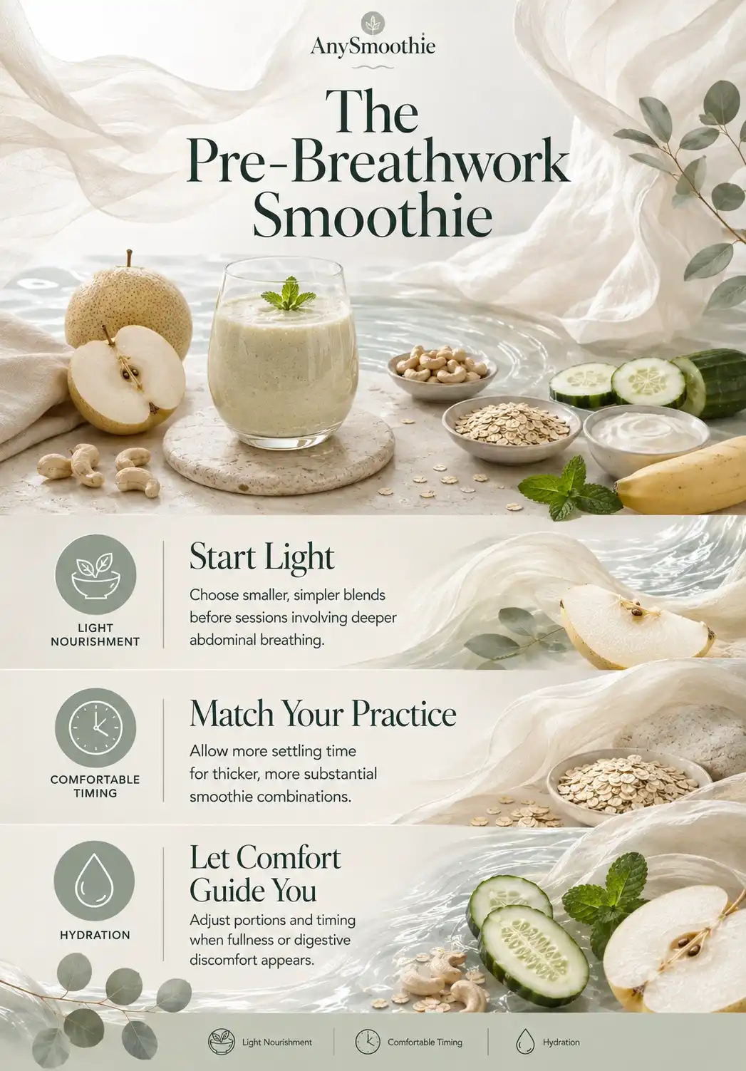 Pre-breathwork smoothie infographic with light nourishment, hydration, and timing tips for smoothies before breathwork practice