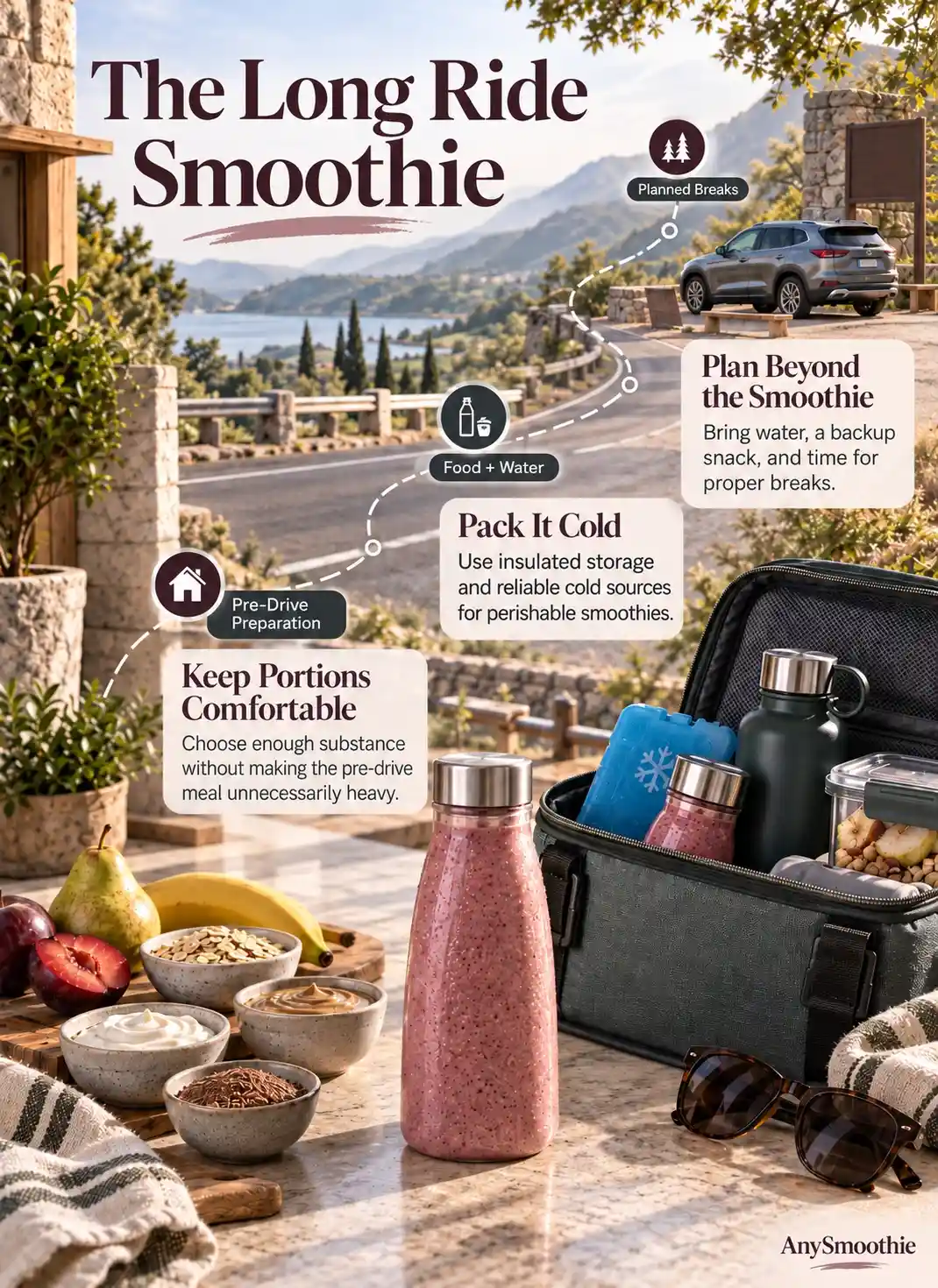 Smoothies before spending hours in the car infographic featuring red plum, pear, banana, oats, skyr, sunflower seed butter, and flaxseed.