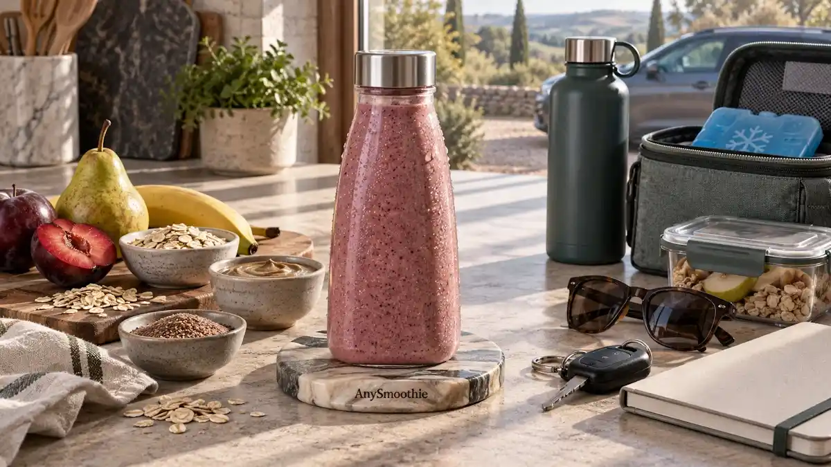 Red plum, pear, banana, oat, skyr, sunflower seed butter, and flaxseed smoothie for smoothies before spending hours in the car.