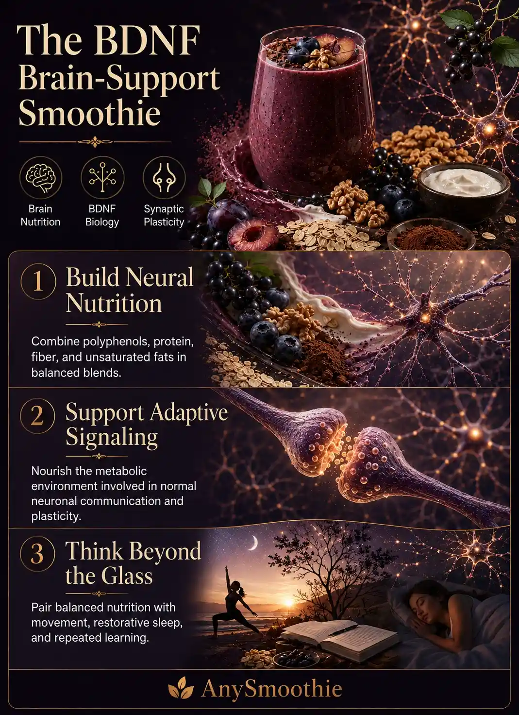 Infographic about smoothies for BDNF and synaptic plasticity, showing balanced neural nutrition, adaptive signaling, and brain-supportive lifestyle habits