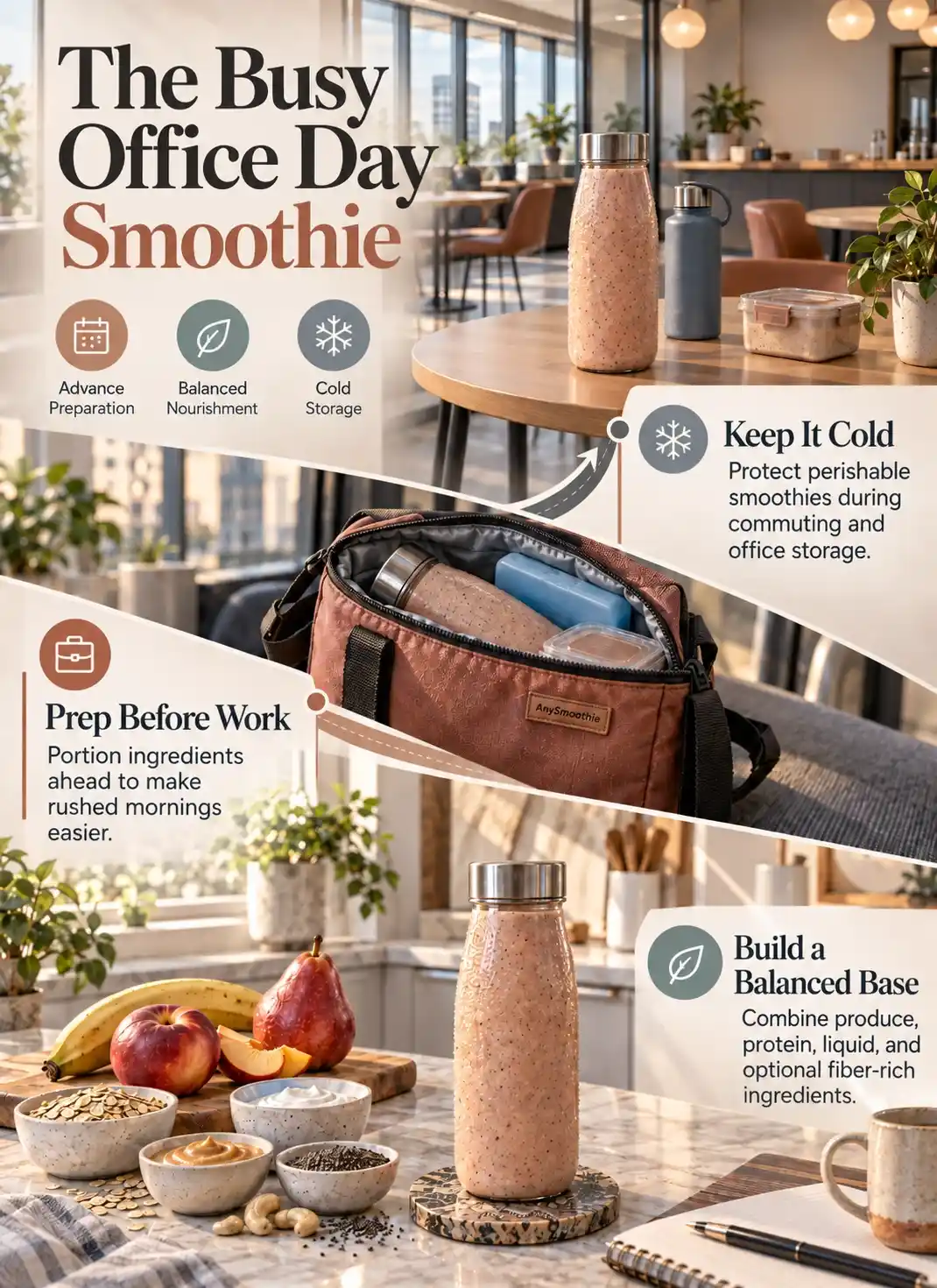 Smoothies for busy office workers infographic featuring nectarine, banana, red pear, oats, skyr, cashew butter, chia seeds, and practical office-day meal prep.