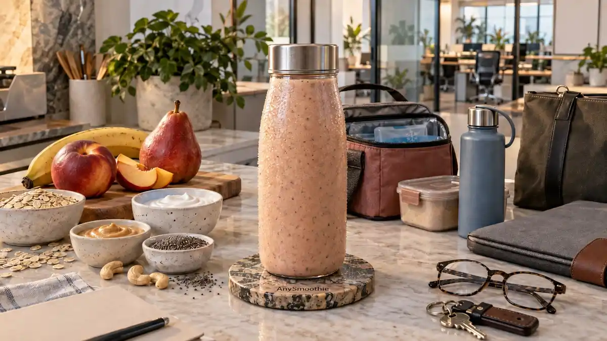 Nectarine, banana, red pear, oats, skyr, cashew butter, and chia seed smoothie for smoothies for busy office workers.