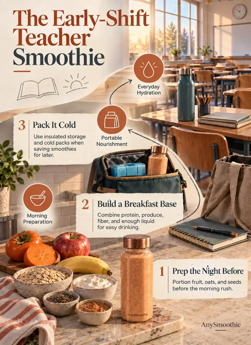 Smoothies for busy teachers infographic featuring persimmon, red apple, banana, oats, skyr, almond butter, and chia seed smoothie preparation.