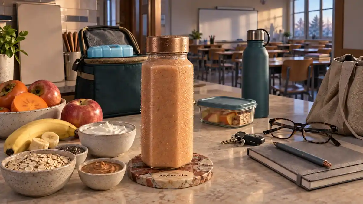 Persimmon, red apple, banana, oat, skyr, almond butter, and chia seed smoothie for smoothies for busy teachers.