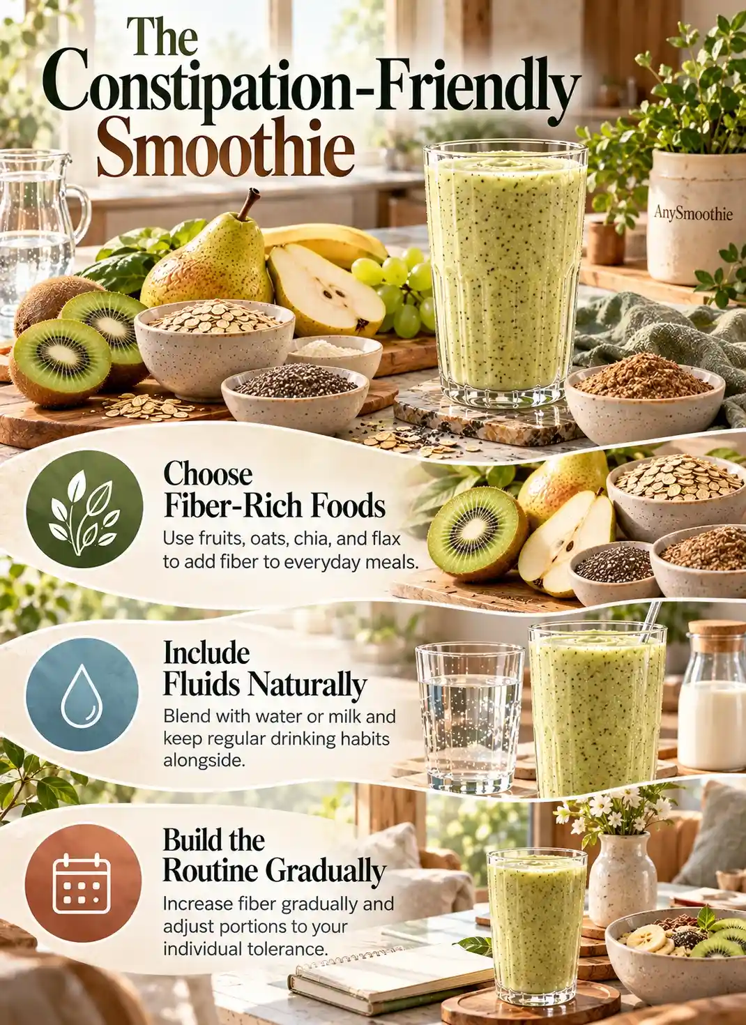 Smoothies for constipation relief infographic featuring fiber-rich fruits, oats, chia, flaxseed, fluids, and a gradual approach to building a comfortable daily routine.