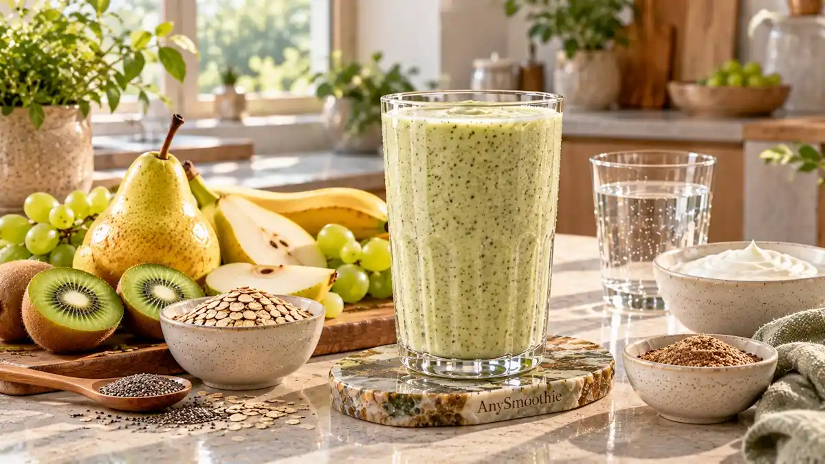 Smoothies for constipation relief featuring a creamy kiwi, pear, green grape, banana, oat, Greek yogurt, chia seed, and flaxseed smoothie in a sophisticated kitchen setting.