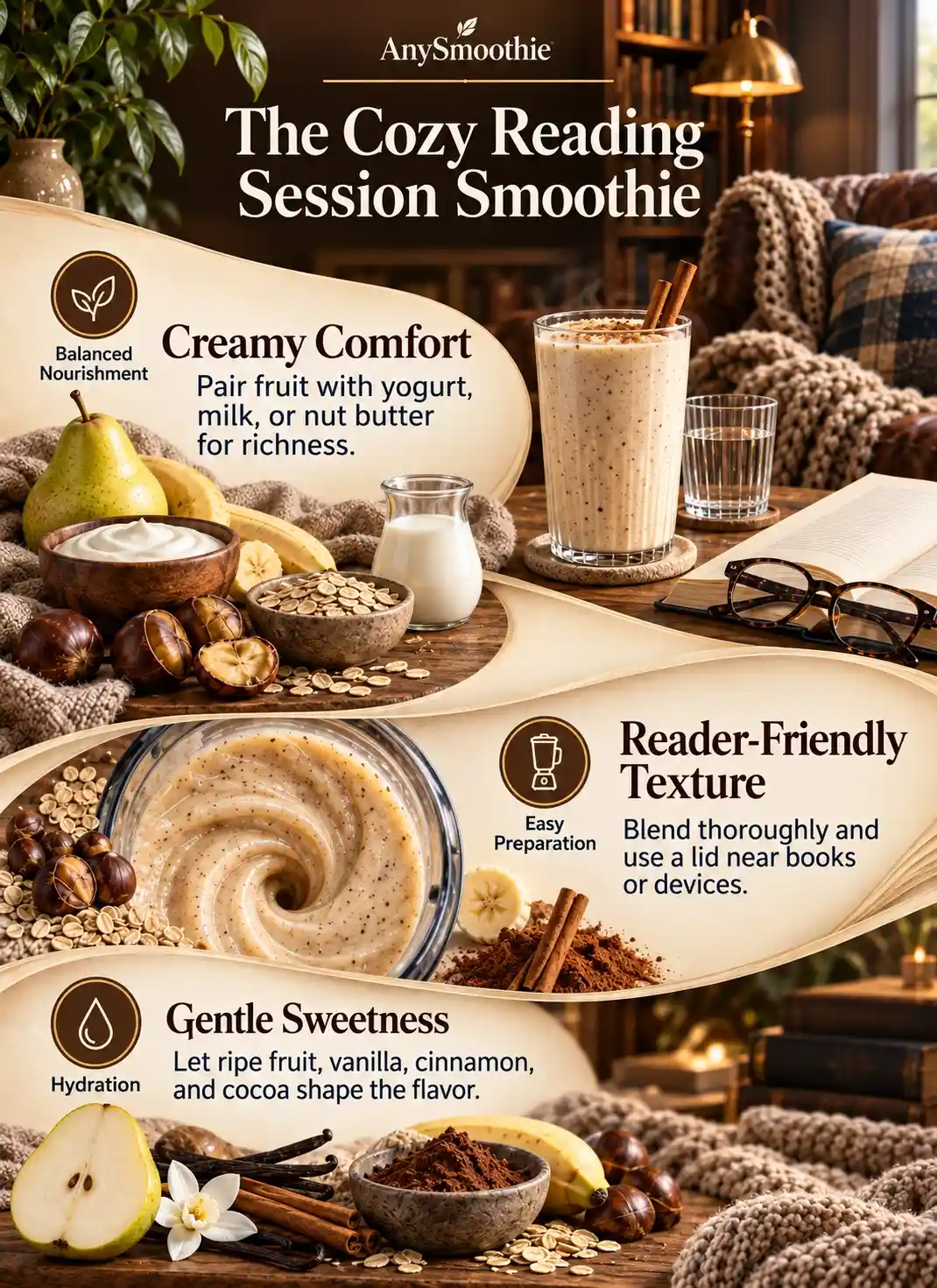 Infographic for smoothies for cozy reading sessions featuring a creamy smoothie, reading nook setting, and balanced nourishment, hydration, and easy preparation tips.