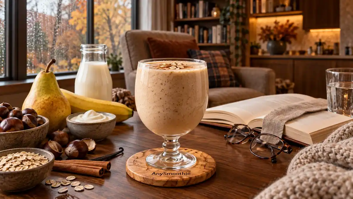 Pear, banana, chestnut, oat, Greek yogurt, vanilla, and cinnamon smoothie for cozy reading sessions in a warm autumn reading nook.