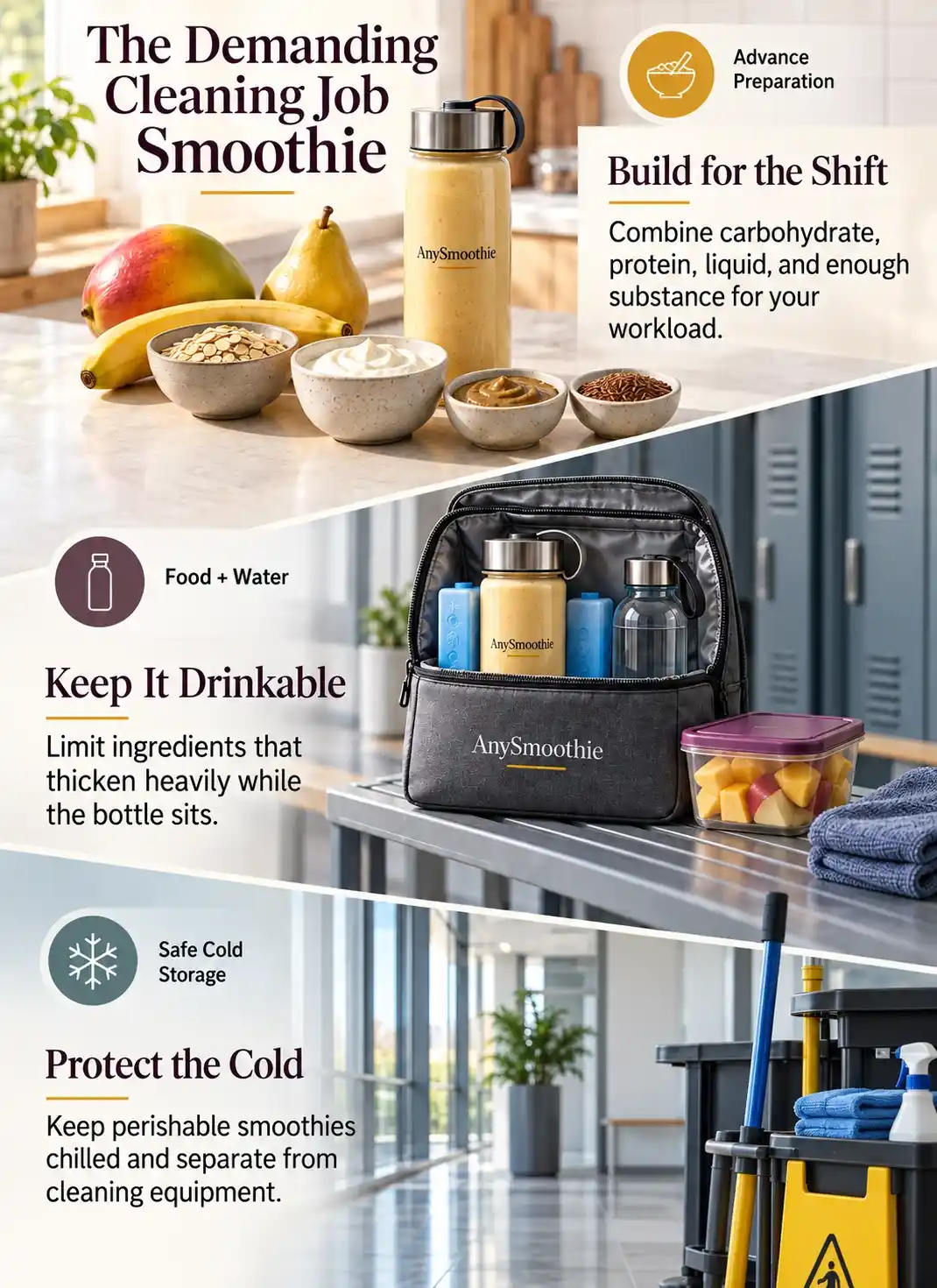 Smoothies for demanding cleaning jobs infographic featuring mango, yellow pear, banana, oats, skyr, pumpkin seed butter, and flaxseed.