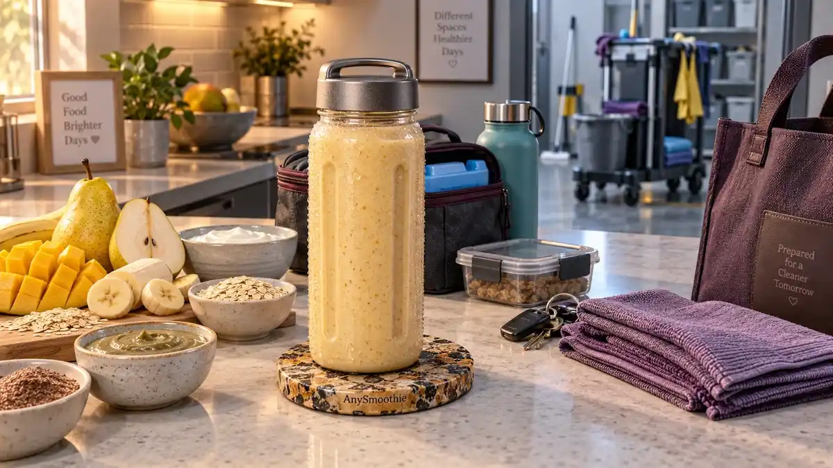 Mango, yellow pear, banana, oats, skyr, pumpkin seed butter, and flaxseed smoothie for smoothies for demanding cleaning jobs.