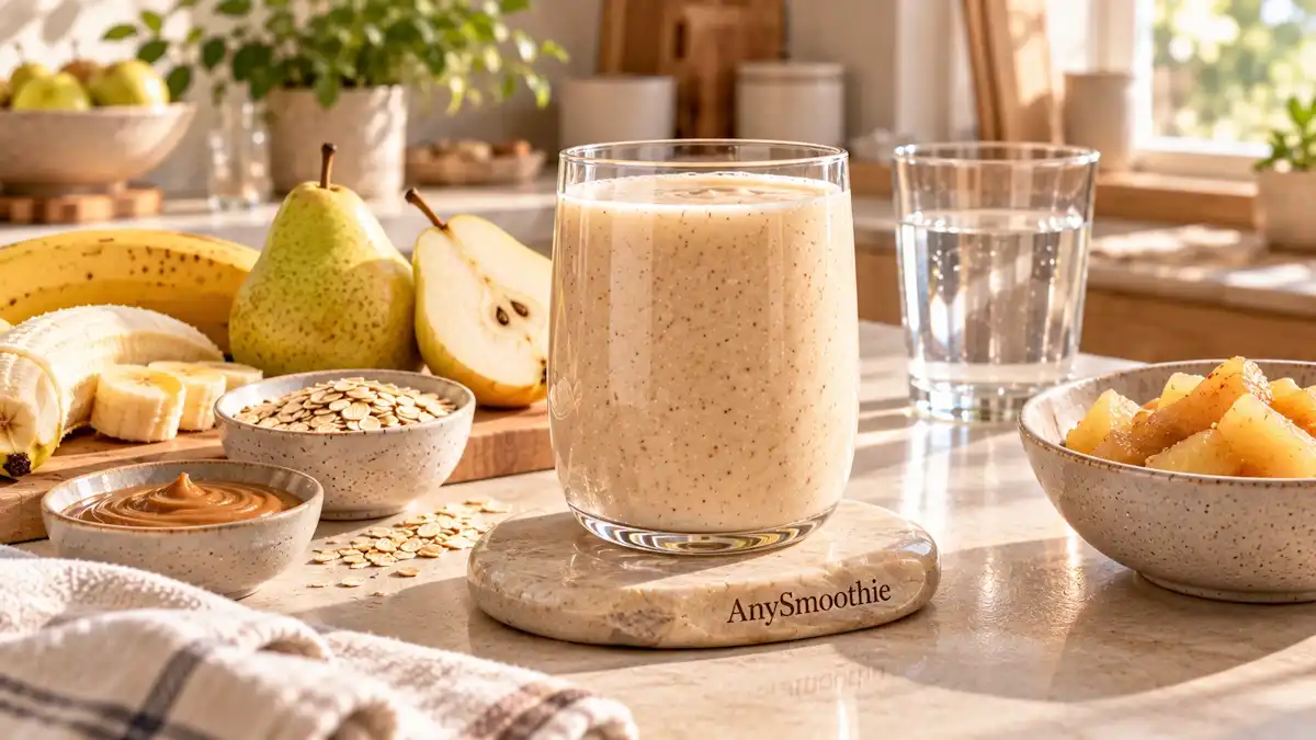 Smoothies for diarrhea recovery featuring a simple banana, peeled pear, cooked apple, Greek yogurt, finely milled oats, and almond butter smoothie in a calm contemporary kitchen.