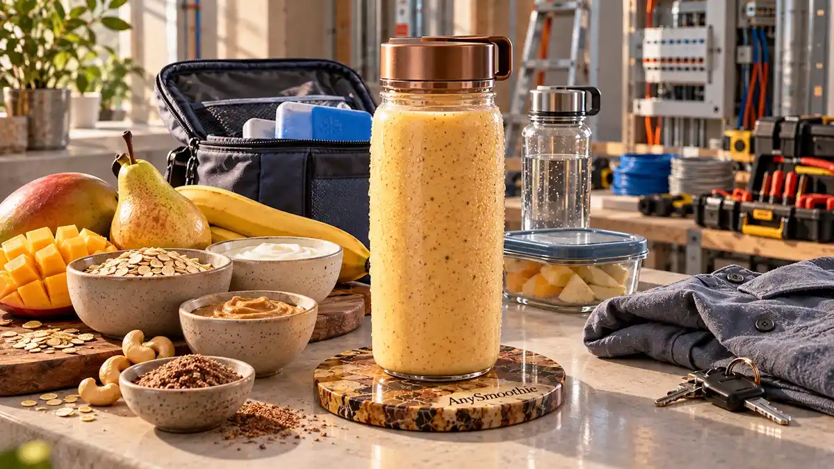 Smoothies for electricians featuring a creamy mango, yellow pear, banana, oats, skyr, cashew butter, and flaxseed smoothie in a reusable bottle with a work lunch bag, water bottle, and electrical tools in the background.