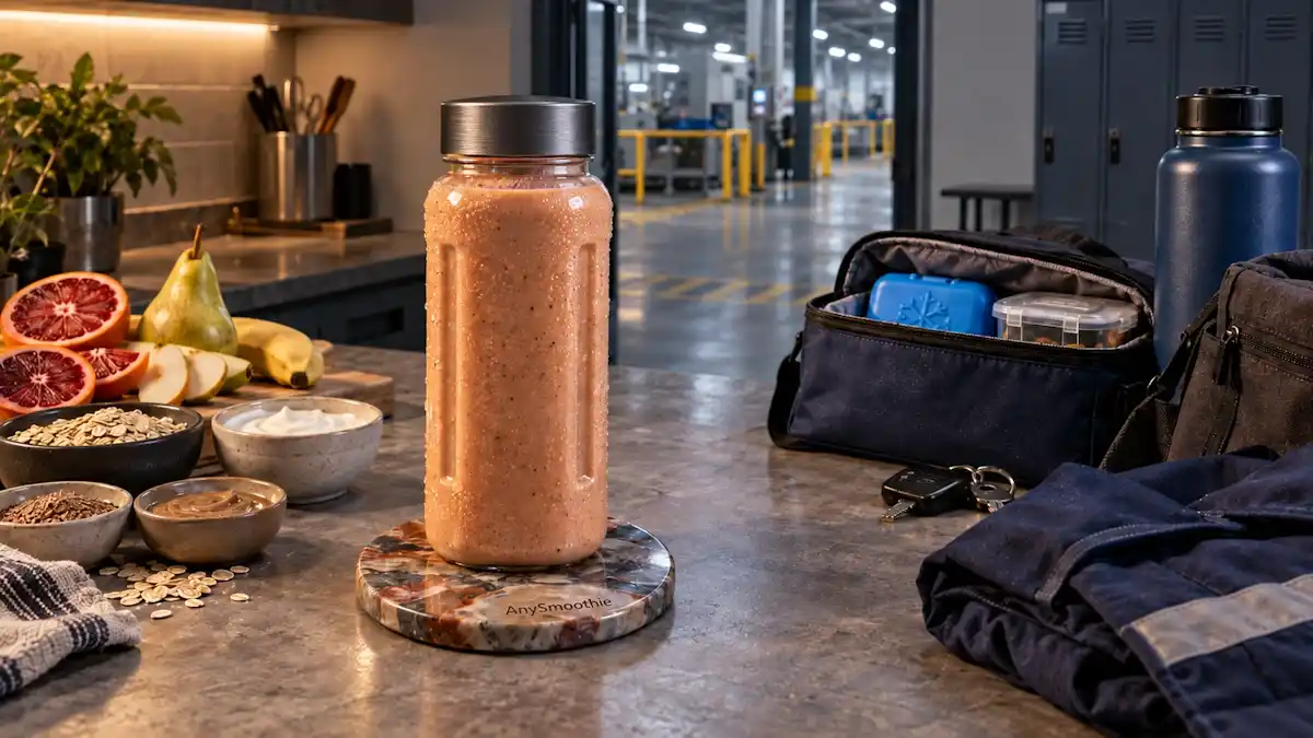 Blood orange, yellow pear, banana, oats, skyr, sunflower seed butter, and flaxseed smoothie for smoothies for factory workers.