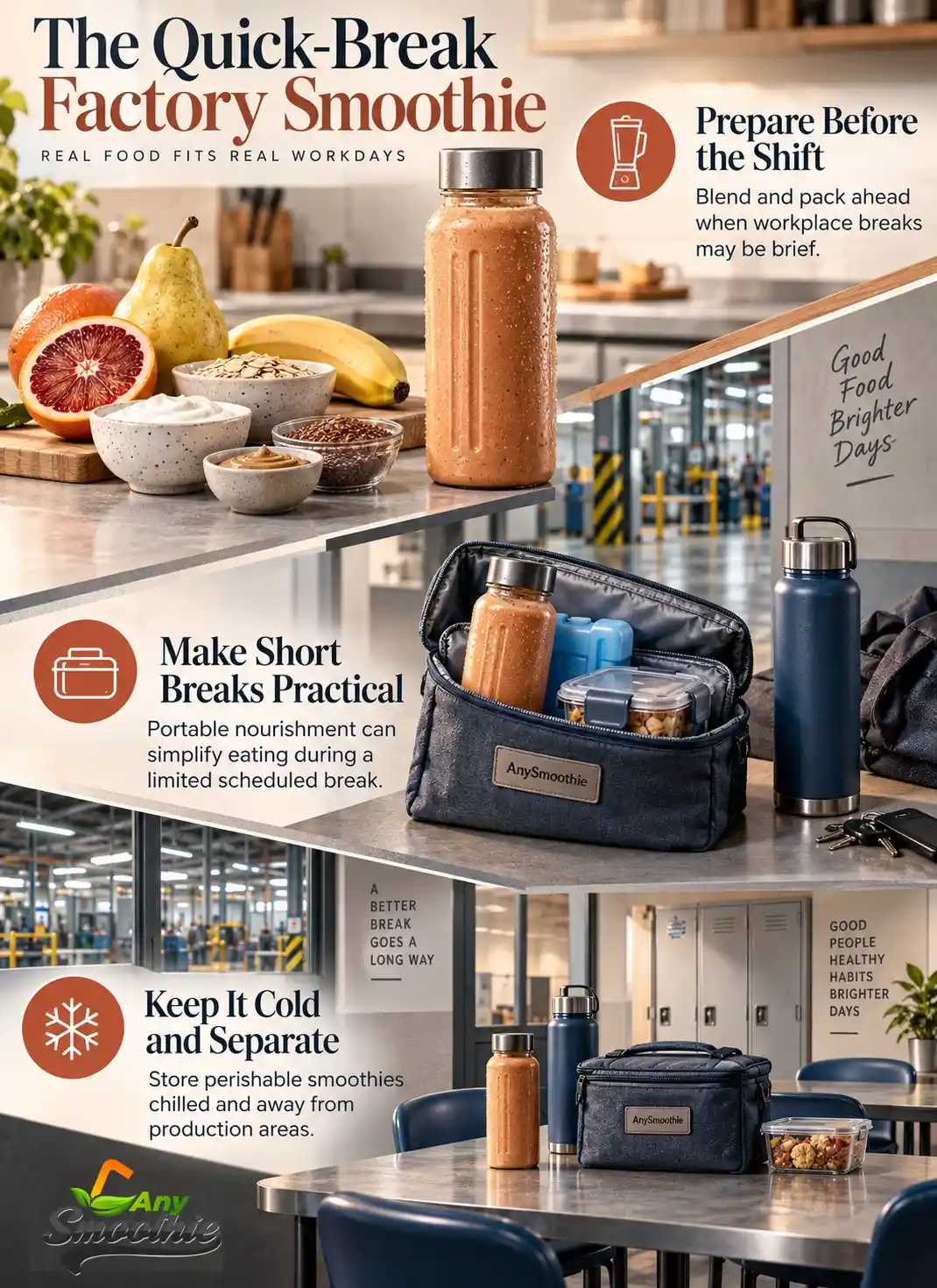 Smoothies for factory workers infographic featuring blood orange, yellow pear, banana, oats, skyr, sunflower seed butter, and flaxseed with practical break-room planning.