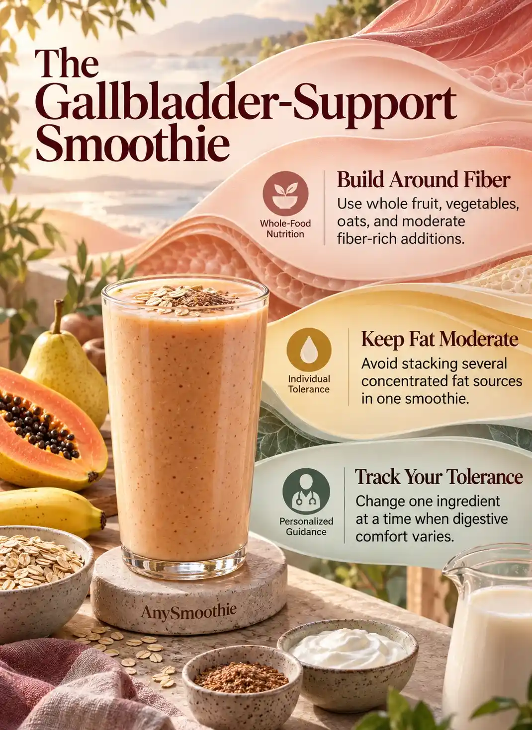 Smoothies for gallbladder nutrition support infographic featuring papaya, yellow pear, banana, oats, skyr, flaxseed, and oat milk.