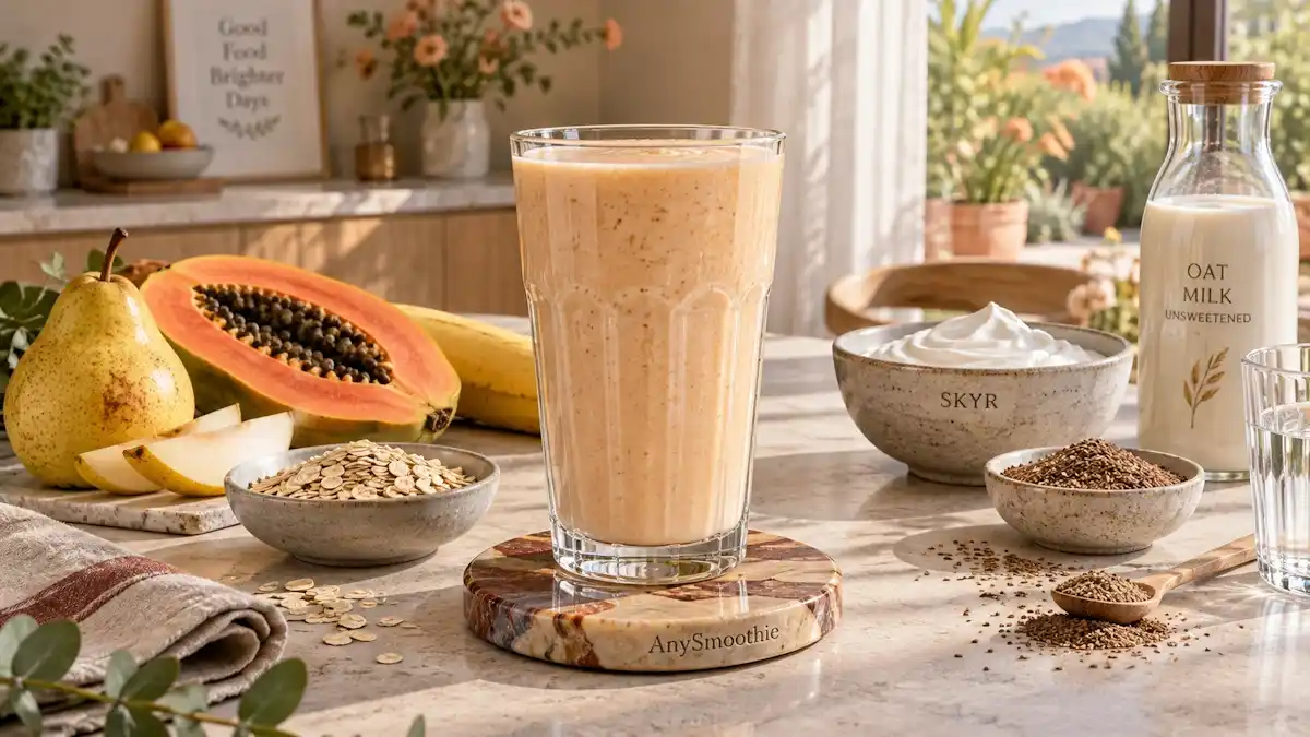 Yellow pear, papaya, banana, oat, skyr, flaxseed, and oat milk smoothie for smoothies for gallbladder nutrition support.